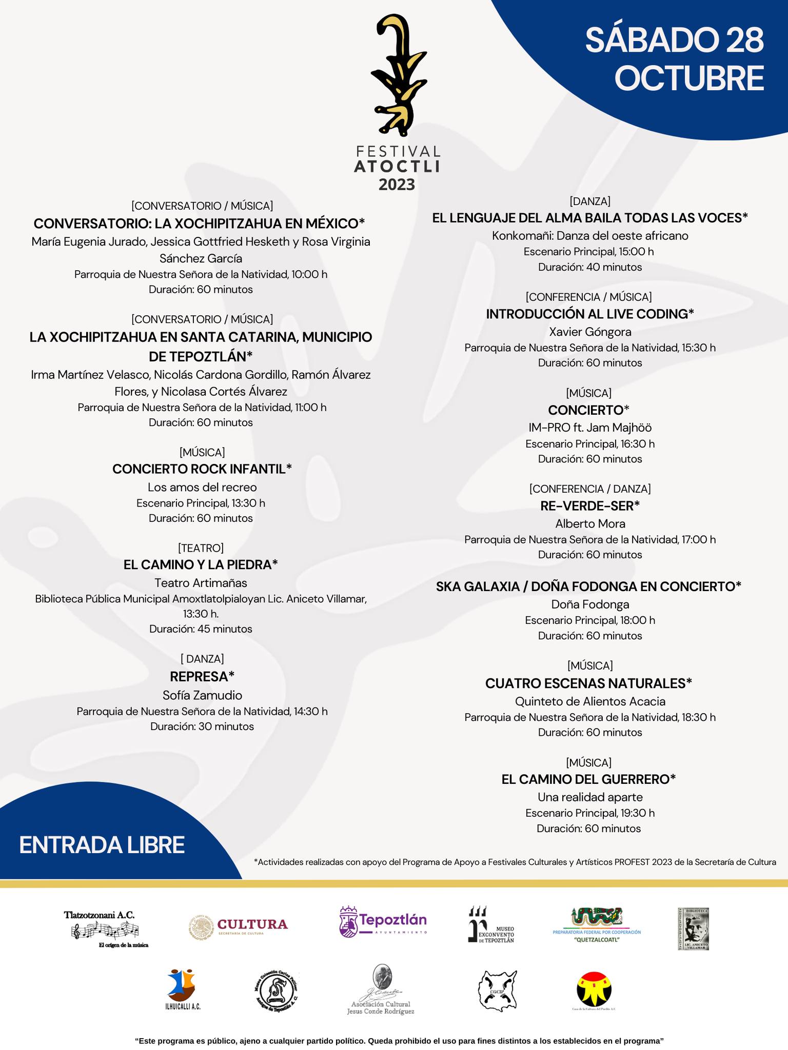 Festival Atoctli 2023 - Cartelera del sábado 28 de octubre.